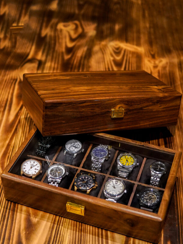 Handcrafted Wooden 10-Slot Watch Box with Glass Lid – Elegant Watch Storage Organizer for Men’s Collection