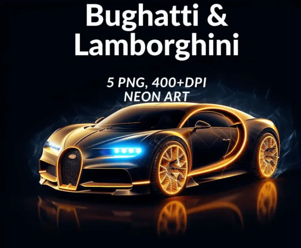 Set of 5 PNG Sport Car Neon art, Card Making, Clip Art, Digital Download, Lamborghini & Bugatti Wall Art, T-shirt, Mugs, gifts for him.