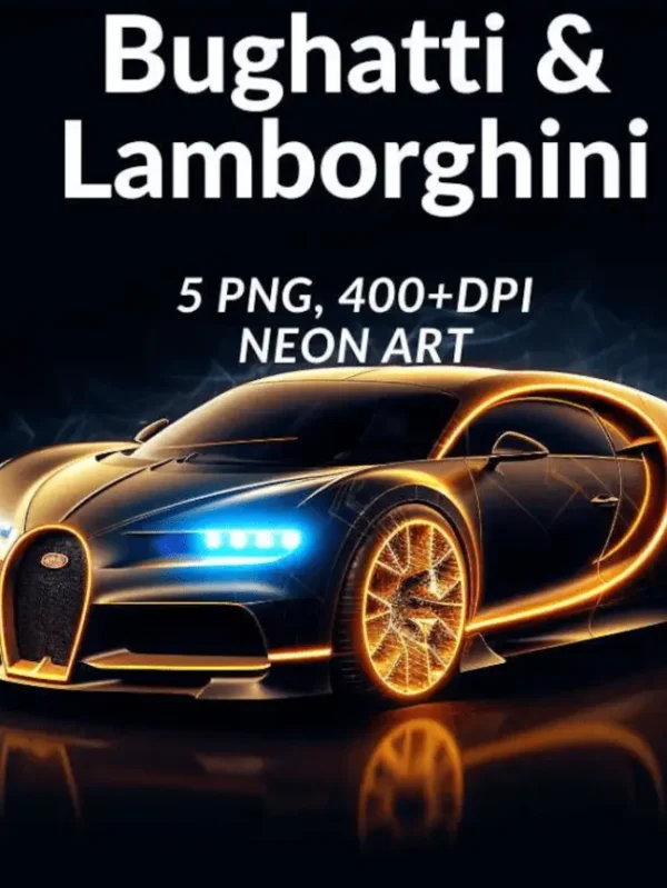 Set of 5 PNG Sport Car Neon art, Card Making, Clip Art, Digital Download, Lamborghini & Bugatti Wall Art, T-shirt, Mugs, gifts for him.