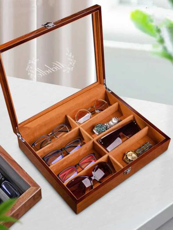 Handcrafted Wooden Glasses and Accessories Organizer – 8-Slot Eyewear and Watch Display Box with Glass Lid