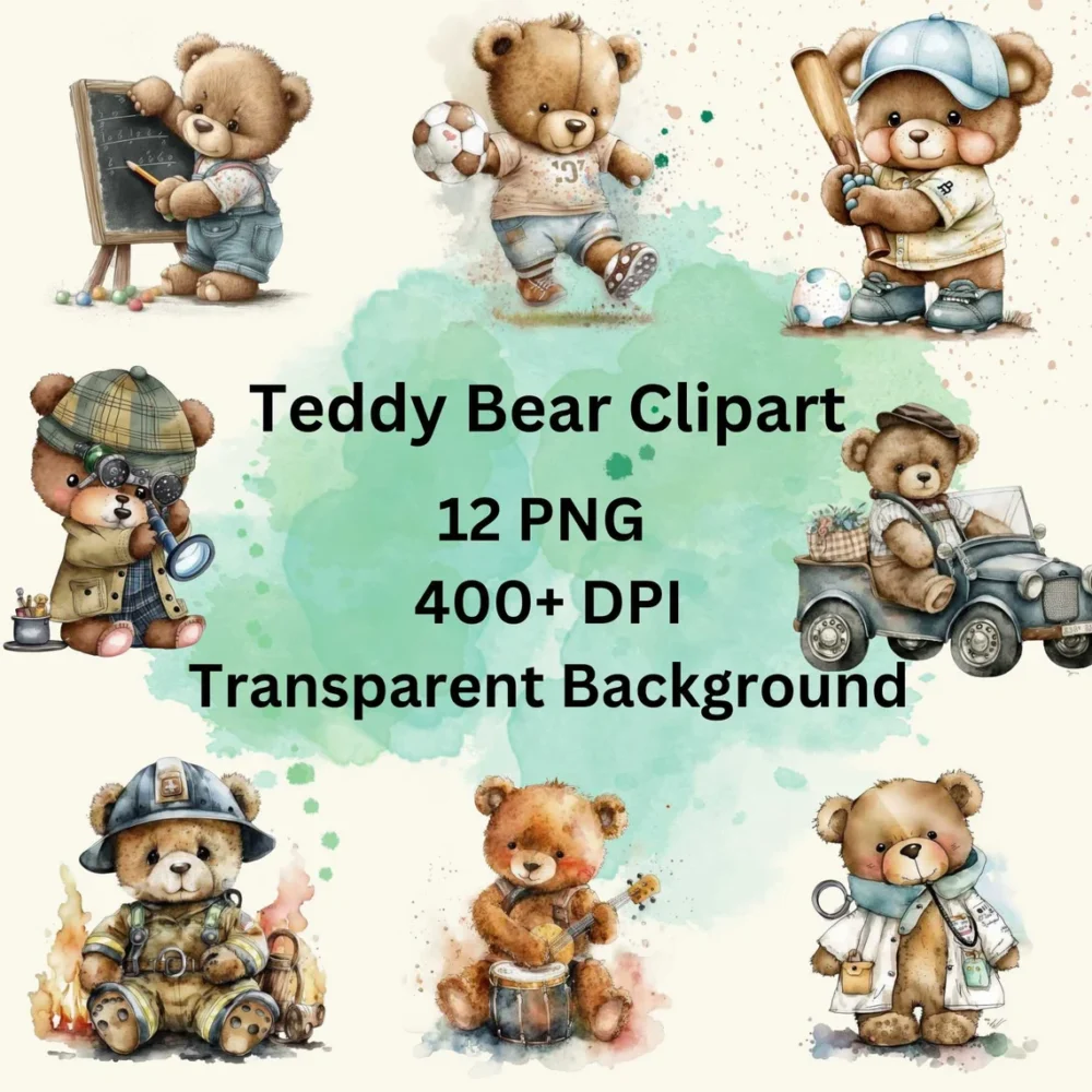 Career Teddy Bear Watercolor Clipart, 12 PNG Bundle, Cosplay Teddy Bear Clipart, Digital Art, Baby Shower, Birthday Cards, Printable Art