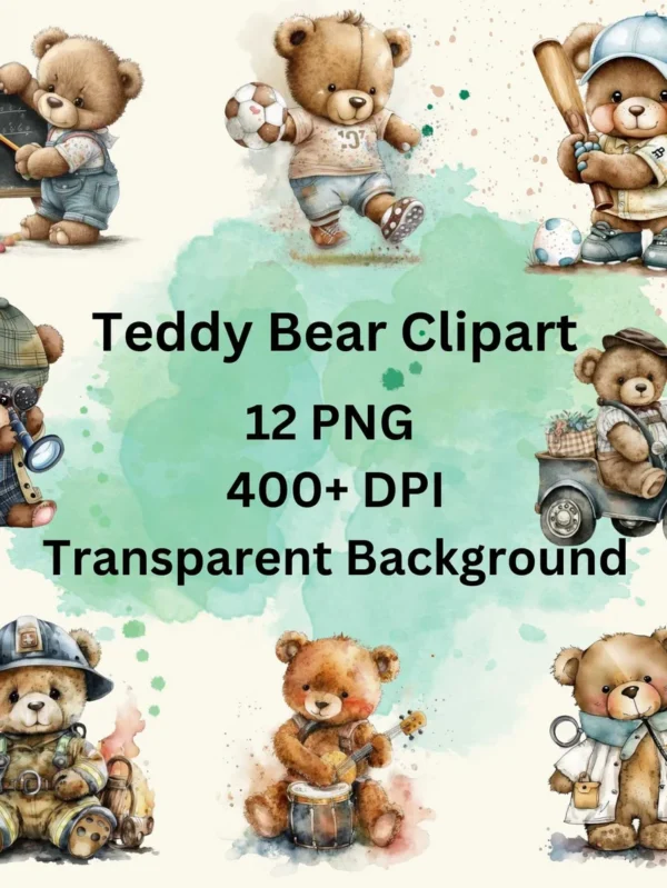 Career Teddy Bear Watercolor Clipart, 12 PNG Bundle, Cosplay Teddy Bear Clipart, Digital Art, Baby Shower, Birthday Cards, Printable Art