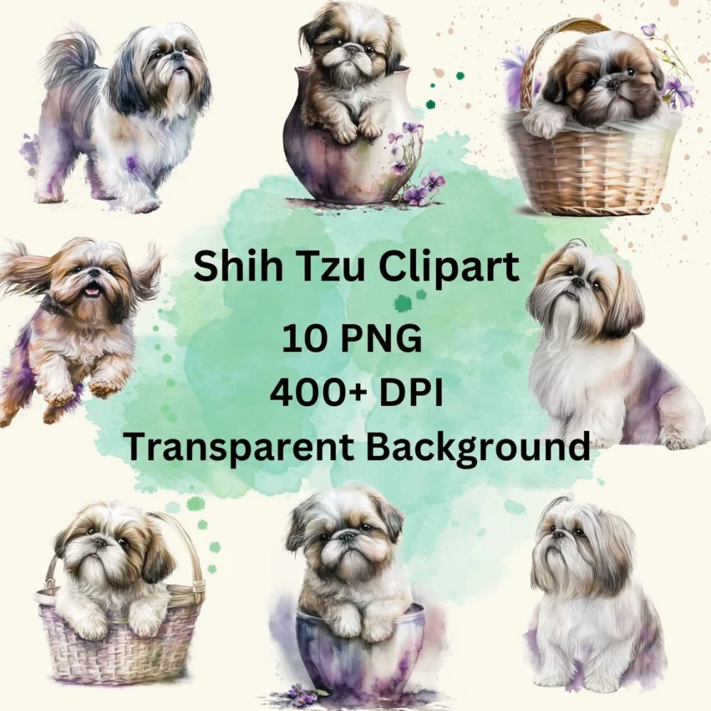 Beautiful Shih Tzu Dog Watercolor Clipart, 10 PNG Bundle, Card Making, Clip Art, Digital Paper Craft, Digital Download, Nursery Dog Clipart.
