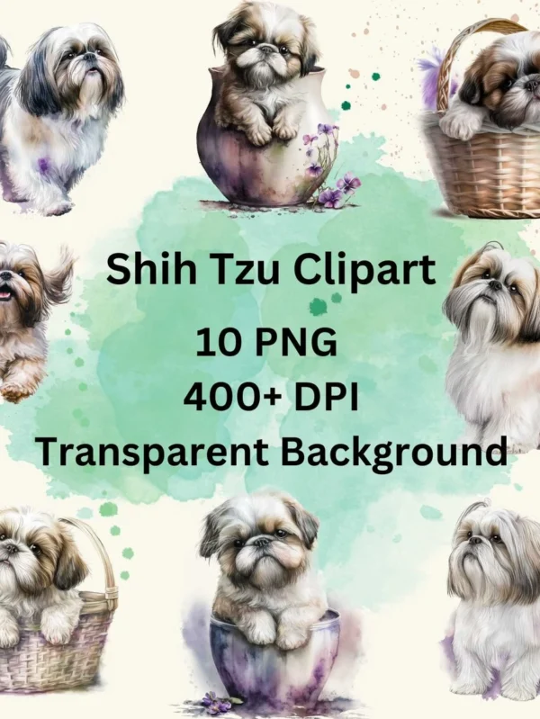 Beautiful Shih Tzu Dog Watercolor Clipart, 10 PNG Bundle, Card Making, Clip Art, Digital Paper Craft, Digital Download, Nursery Dog Clipart.