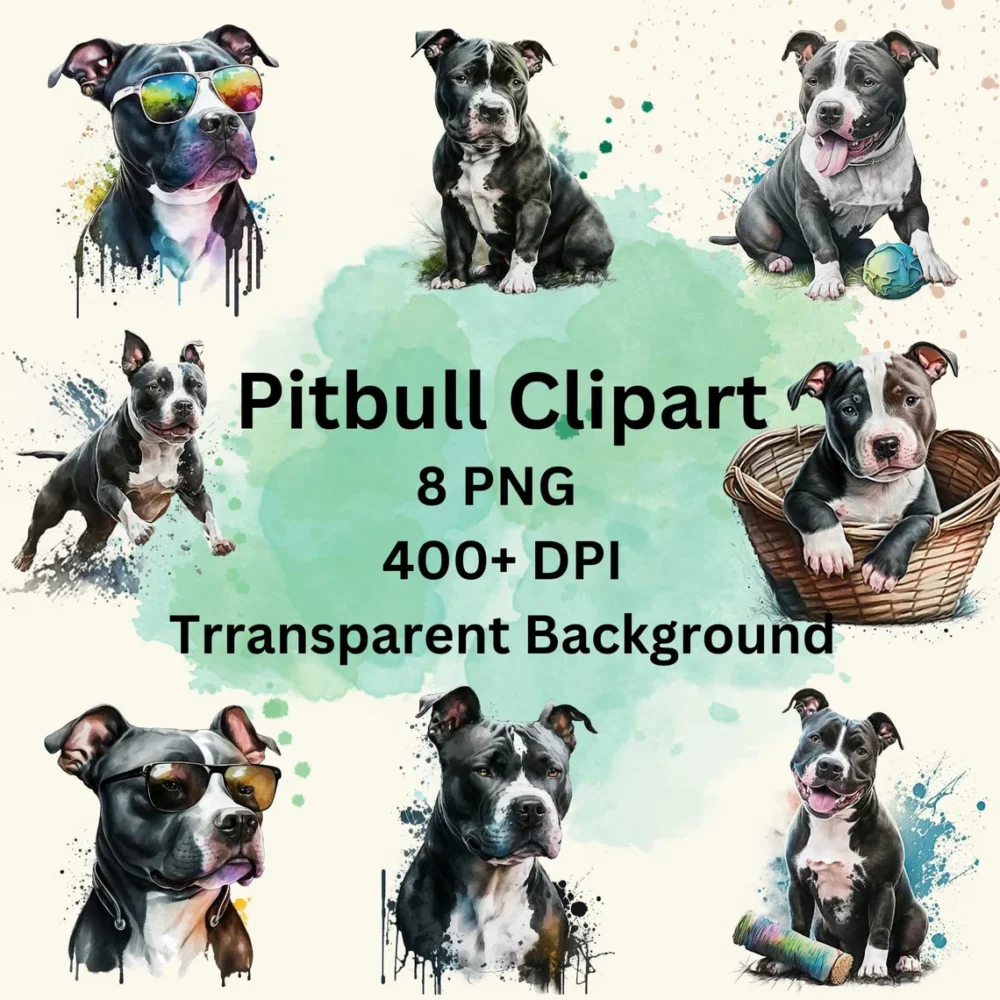 Beautiful Pitbull Dog Watercolor Clipart, 8 PNG Bundle, Card Making, Clip Art, Digital Download, Nursery Dog Clipart, Dog Wall Art, T-shirt.