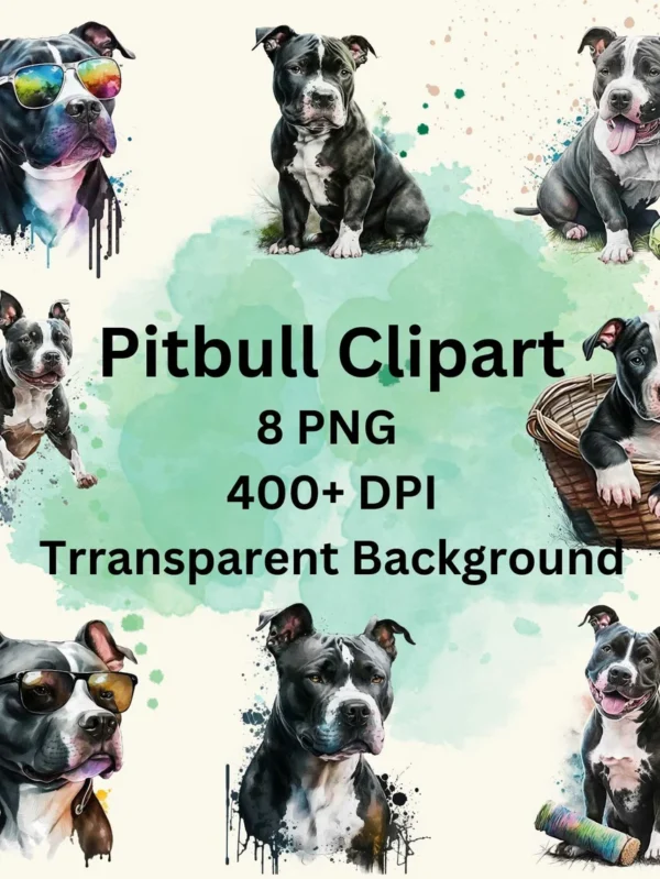 Beautiful Pitbull Dog Watercolor Clipart, 8 PNG Bundle, Card Making, Clip Art, Digital Download, Nursery Dog Clipart, Dog Wall Art, T-shirt.