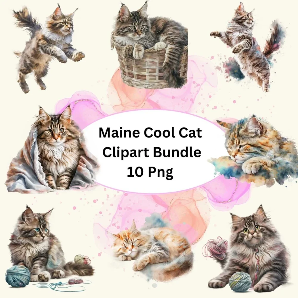 Beautiful Maine Coon Cat Watercolor Clipart, 10 PNG Bundle, Card Making, Clip Art, Digital Download, Nursery Cat Clip art, Cat Wall Art.