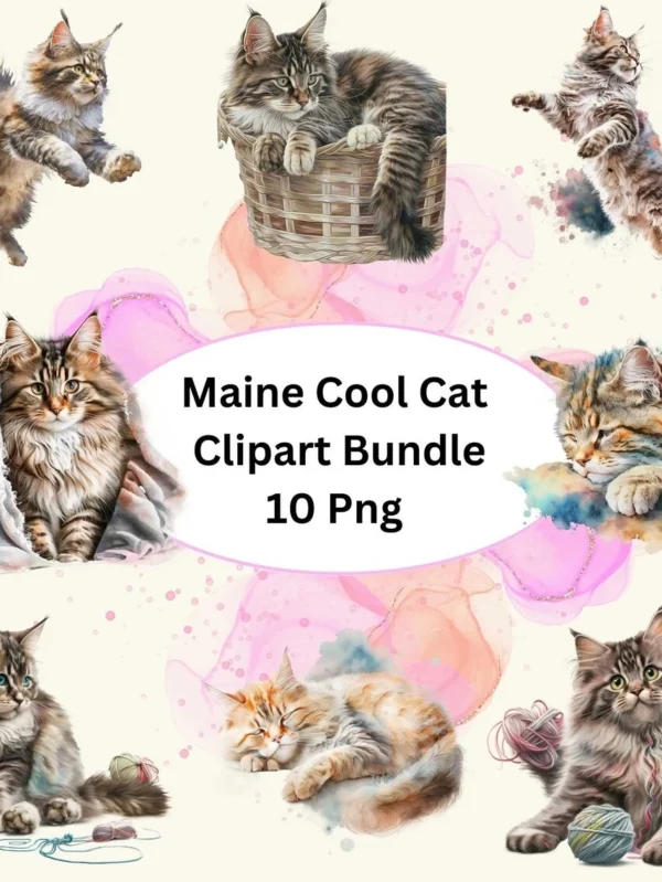 Beautiful Maine Coon Cat Watercolor Clipart, 10 PNG Bundle, Card Making, Clip Art, Digital Download, Nursery Cat Clip art, Cat Wall Art.