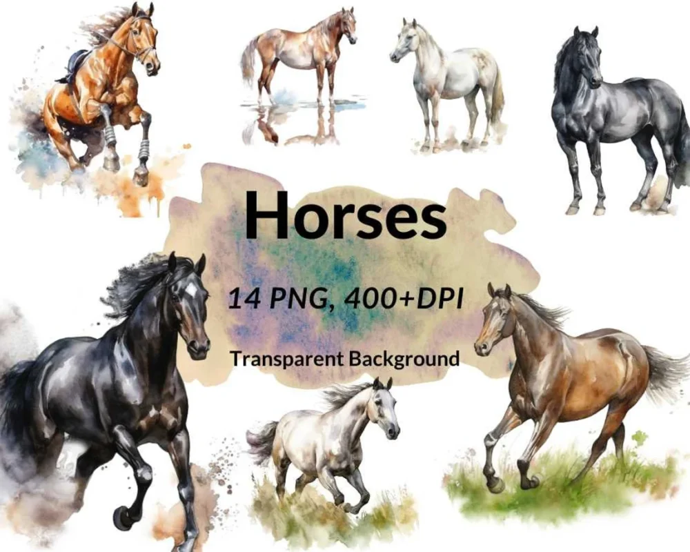 Set of 14 PNG, Horses Clip art Bundle, Watercolor Horse Clipart, Digital Art, Clipart for commercial use, Transparent PNGs,  Paper crafts.