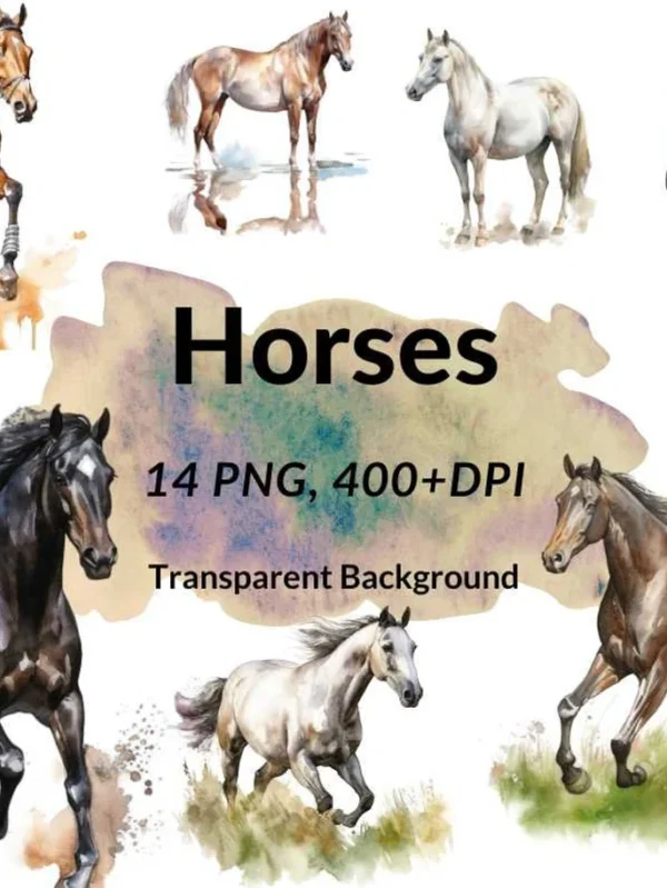 Set of 14 PNG, Horses Clip art Bundle, Watercolor Horse Clipart, Digital Art, Clipart for commercial use, Transparent PNGs,  Paper crafts.