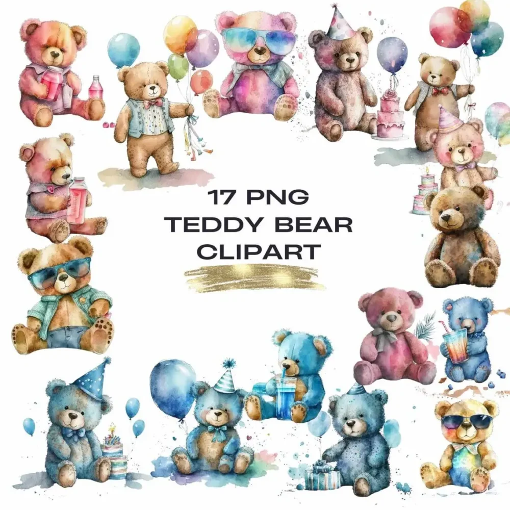 Teddy Bear Clipart 17 PNGs Bundle, Watercolor Teddy Bear Clipart, Digital Art, Clipart for commercial use, Transparent PNGs, Birthday Cards