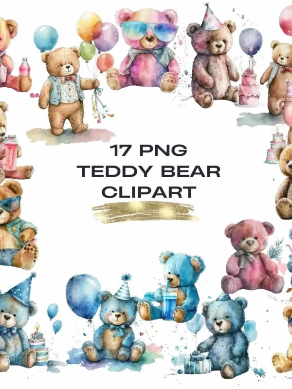 Teddy Bear Clipart 17 PNGs Bundle, Watercolor Teddy Bear Clipart, Digital Art, Clipart for commercial use, Transparent PNGs, Birthday Cards