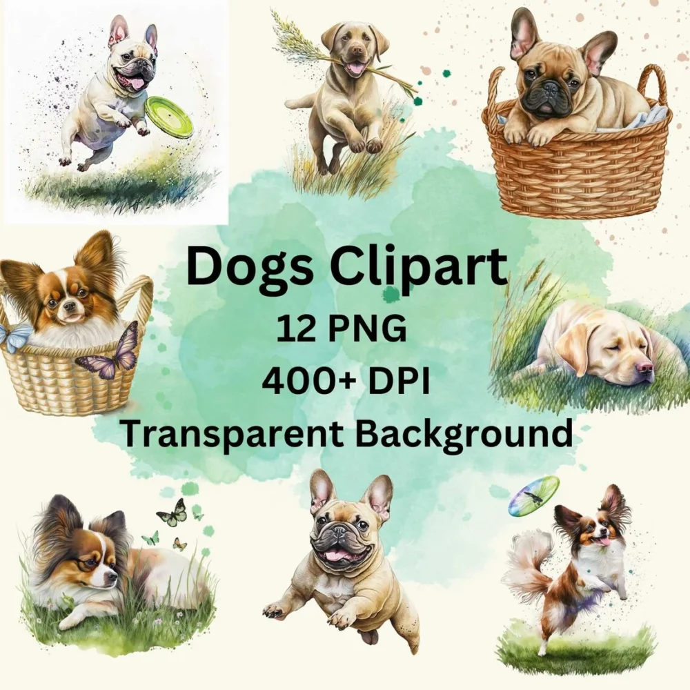Beautiful Dogs Breeds Watercolor Clipart, 12 PNG Bundle, Labrador Retriever Clipart, Cute French Bulldog Clipart, Papillon Dog Clipart.