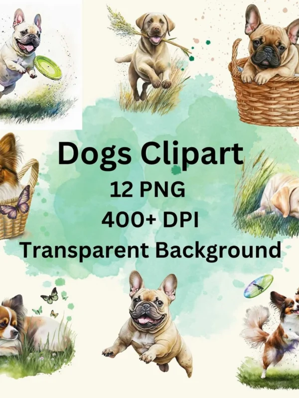 Beautiful Dogs Breeds Watercolor Clipart, 12 PNG Bundle, Labrador Retriever Clipart, Cute French Bulldog Clipart, Papillon Dog Clipart.