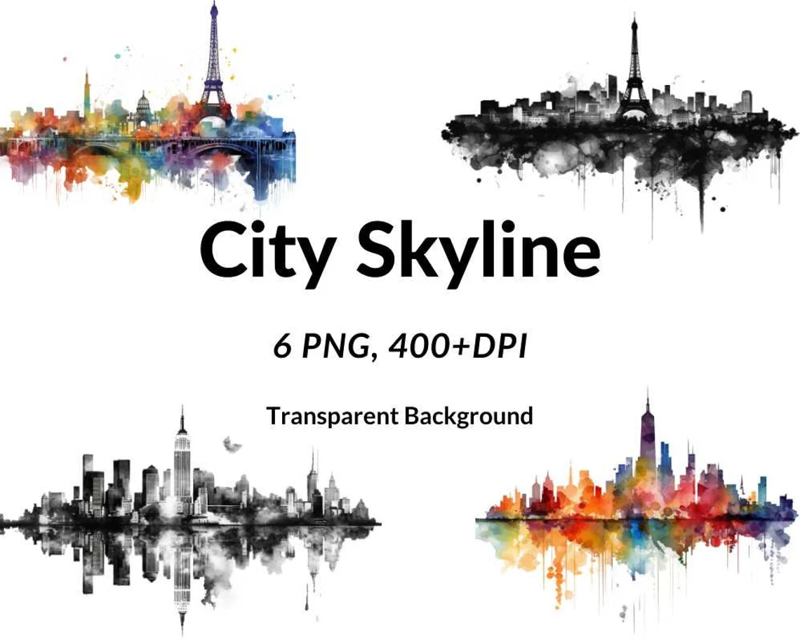 Set of 6 Transparent Background PNG, City Skyline Clip art Bundle, Watercolor City Skyline Clipart, Sublimation watercolor art, Paper crafts