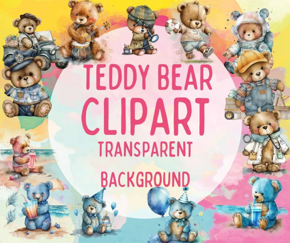 Career Teddy Bear and Birthday Watercolor Clipart, 29 PNG Bundle, Cosplay Teddy Bear Clipart, Baby Shower, Birthday Cards, Printable Art