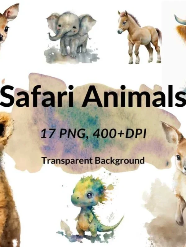 Set of 17 PNG Safari Animals Watercolor Clip art, Card Making, Clip Art, Digital Download, Nursery Safari Animals Clipart, Animals Wall Art.