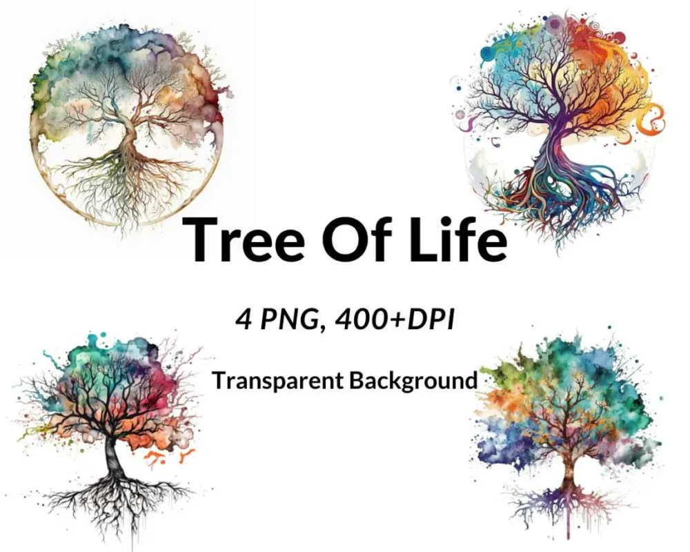 Set of 4 Transparent Background PNG, Tree of Life Clip art Bundle, Watercolor Tree of Life Clipart, Sublimation watercolor art, Paper crafts