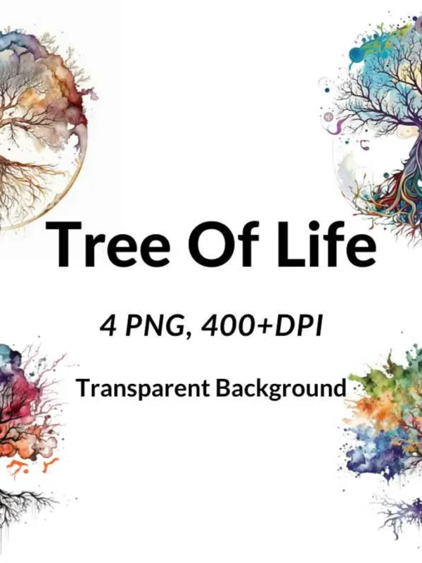 Set of 4 Transparent Background PNG, Tree of Life Clip art Bundle, Watercolor Tree of Life Clipart, Sublimation watercolor art, Paper crafts