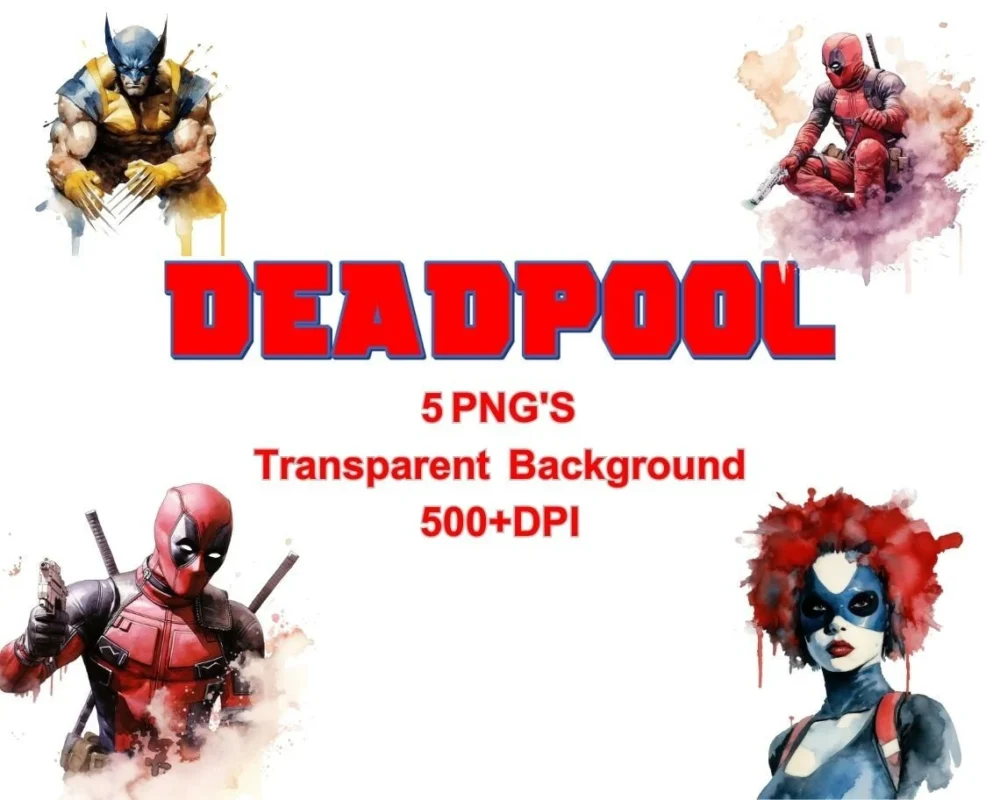 5 Deadpool Watercolor Png, Deadpool clipart, Deadpool poster, Deadpool Wall art, Wolverine Png, superhero watercolor