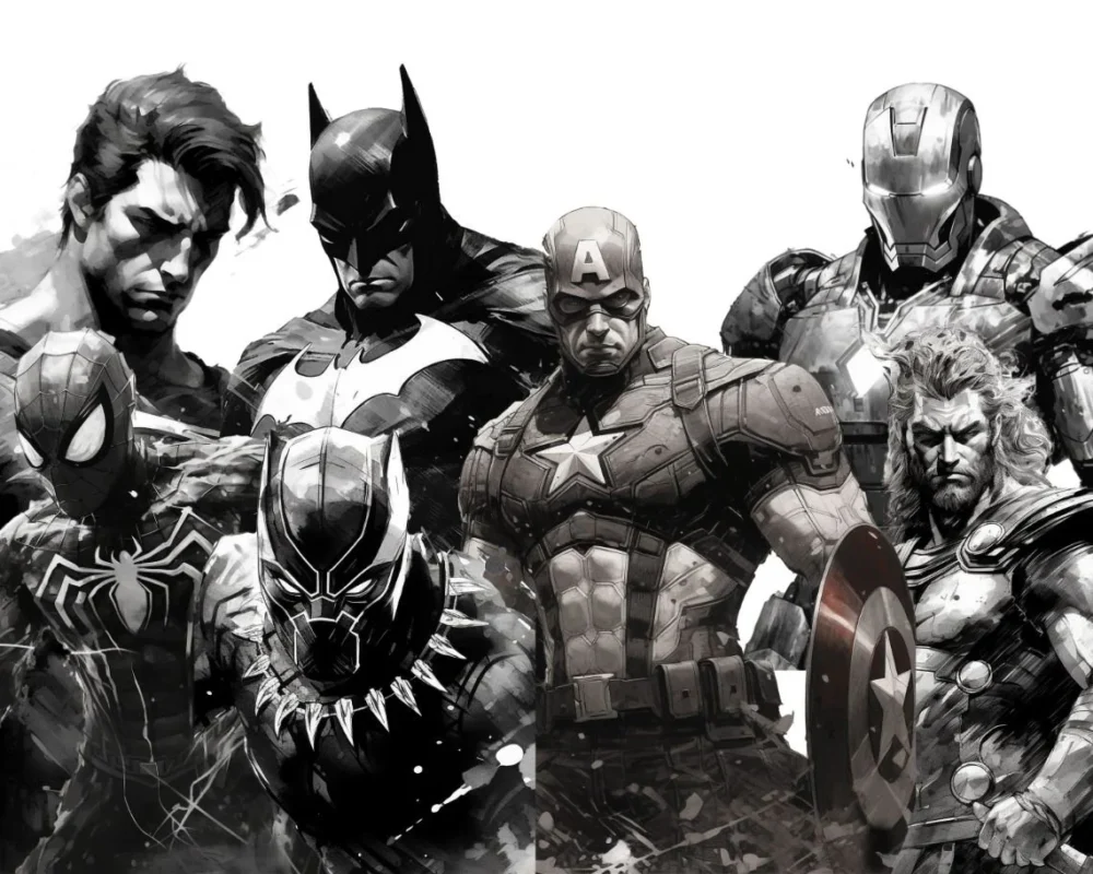 7 Watercolor Superheroes Black and White Poster, Superhero Black and White Wallart, Avengers Poster, Marvel Poster, Spiderman, Black Panther
