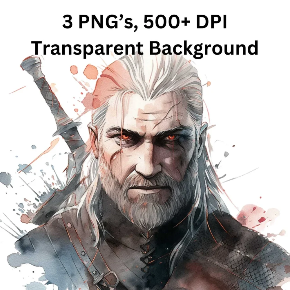 Witcher Geralt Poster, Geralt of Rivia Clipart, Geralt Clip art, Witcher Watercolor PNG, Instant Download, Witcher png, Sublimation Art