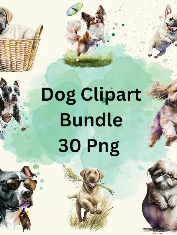Dogs Breeds Watercolor Clipart, 30 PNG Bundle, Labrador Retriever Clipart, French Bulldog Clipart, Papillon Dog Clipart, Pitbull, Shih Tzu.