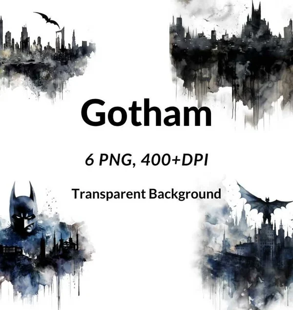 Set of 6 Transparent Background PNG, Gotham City Skyline Clip art Bundle, Watercolor Gotham City Skyline Clipart, Sublimation watercolor art