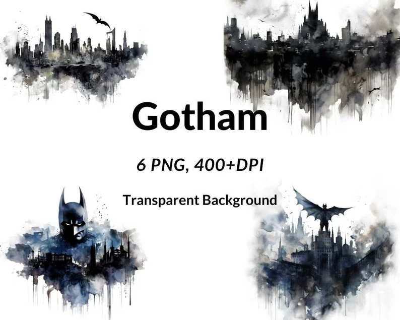 Set of 6 Transparent Background PNG, Gotham City Skyline Clip art Bundle, Watercolor Gotham City Skyline Clipart, Sublimation watercolor art